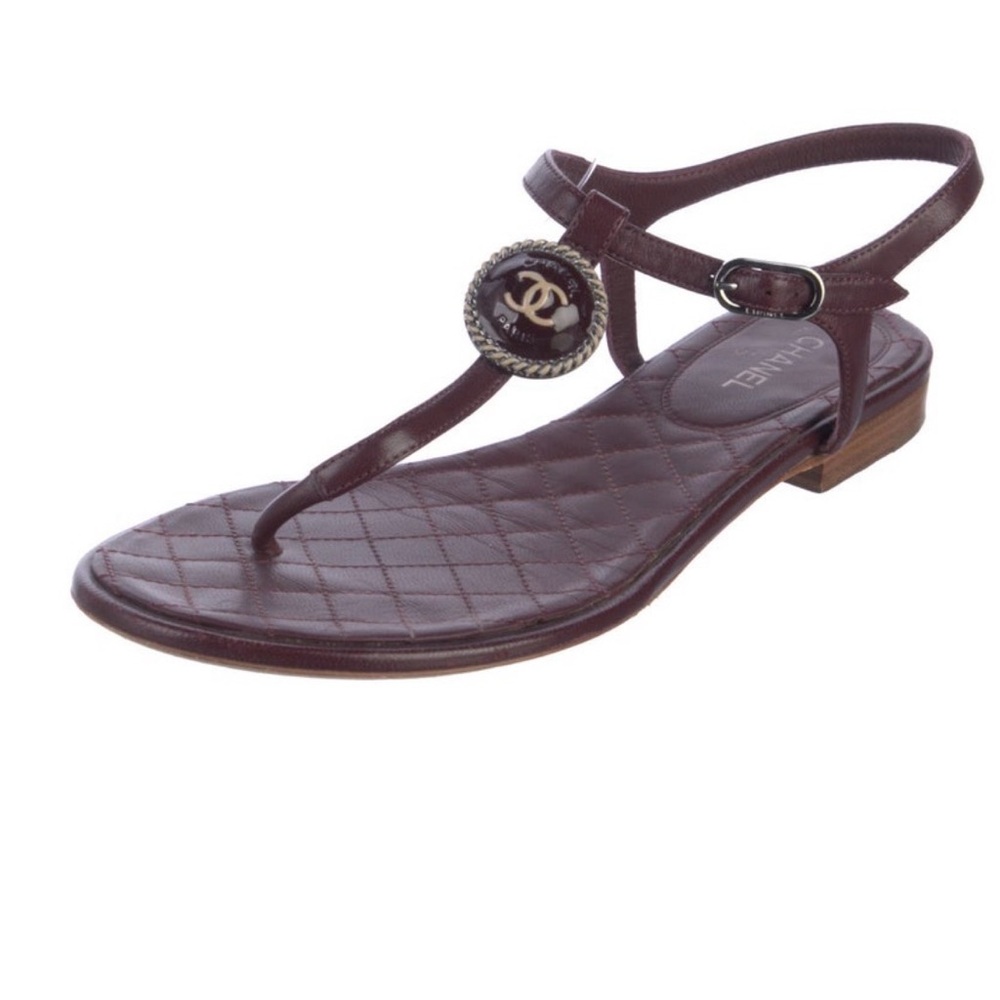 CHANEL Interlocking Burgundy Leather Sandals shoes size 38.5 or 8.5